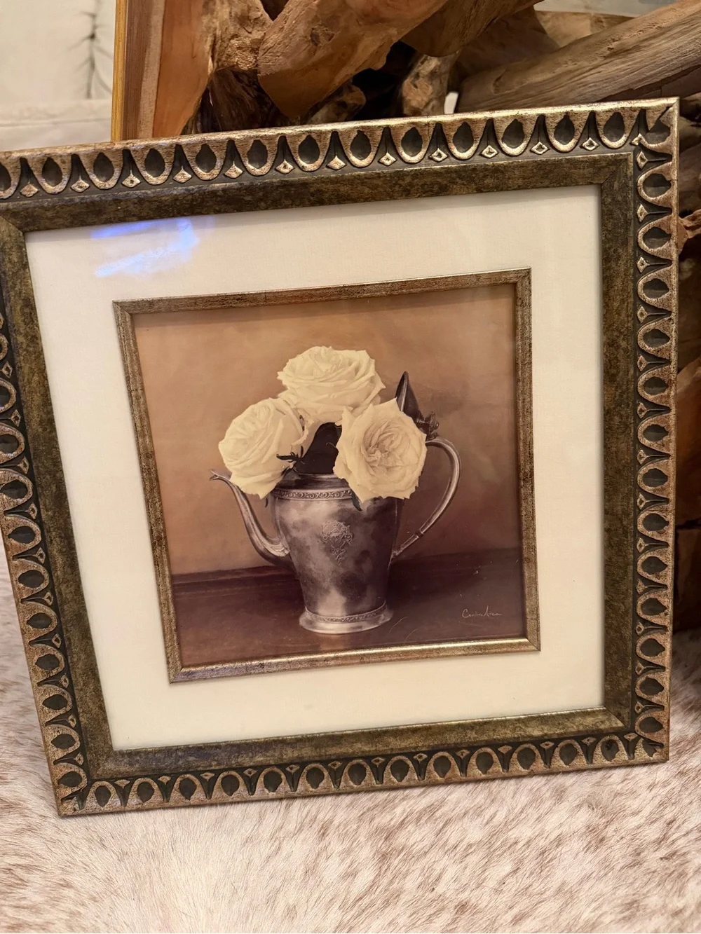 Framed Vintage-Style White Rose Prints - Set of 2 silver pitcher